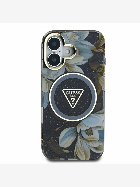 Guess Guess IML Glitter Magnolia und Triangle Logo MagSafe Back Cover für iPhone 16 Schwarz
