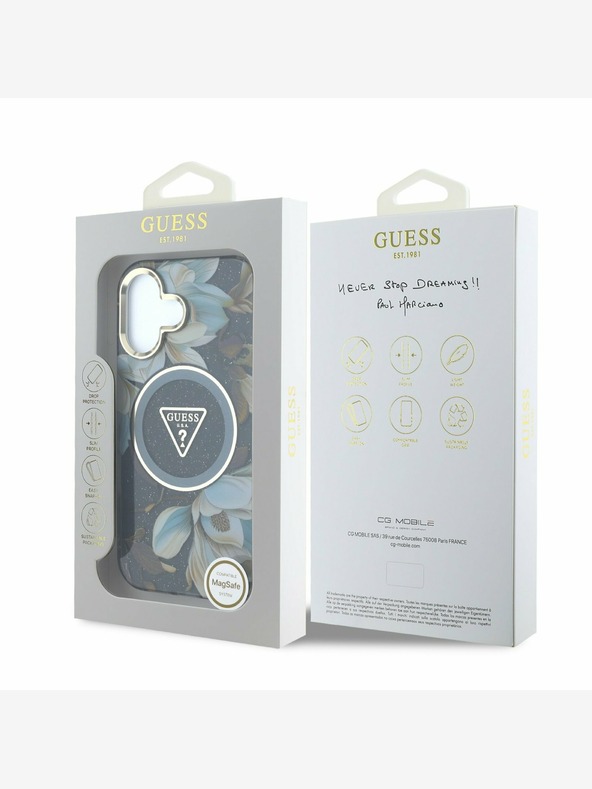 Guess Guess IML Glitter Magnolia und Triangle Logo MagSafe Back Cover für iPhone 16 Schwarz