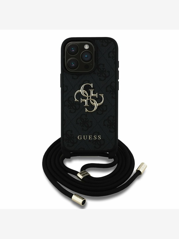 Guess Guess PU PU 4G Metal Logo Crossbody Strap Back Cover für iPhone 15 Pro Schwarz