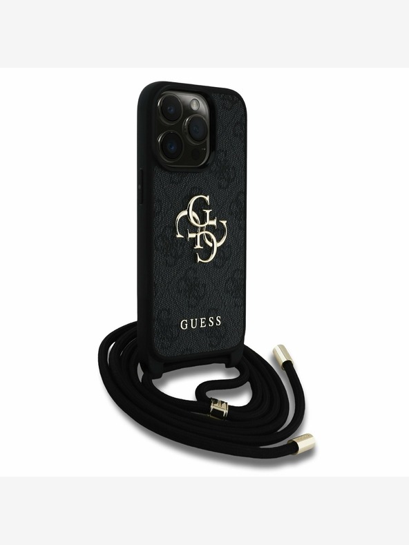 Guess Guess PU PU 4G Metal Logo Crossbody Strap Back Cover für iPhone 15 Pro Schwarz