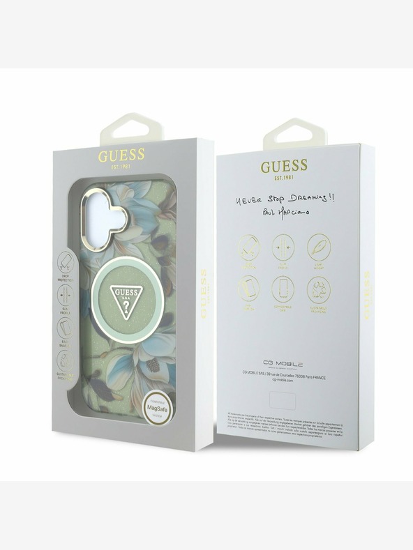 Guess Guess IML Glitter Magnolia und Triangle Logo MagSafe Back Cover für iPhone 16 Grün