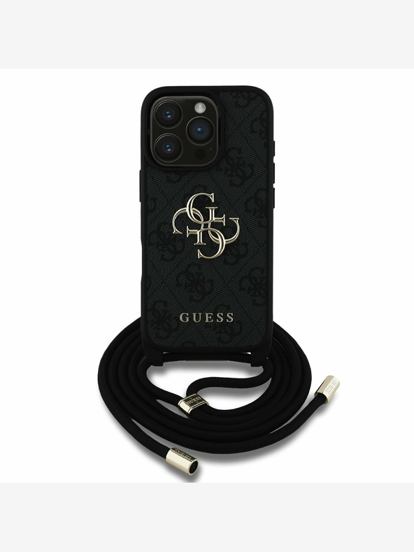 Guess Guess PU 4G Metall-Logo Crossbody Strap Back Cover für iPhone 16 Pro Max Schwarz