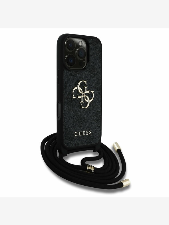 Guess Guess PU 4G Metall-Logo Crossbody Strap Back Cover für iPhone 16 Pro Max Schwarz