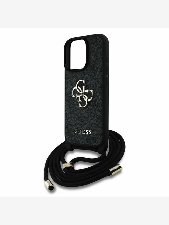 Guess Guess PU 4G Metall-Logo Crossbody Strap Back Cover für iPhone 16 Pro Max Schwarz