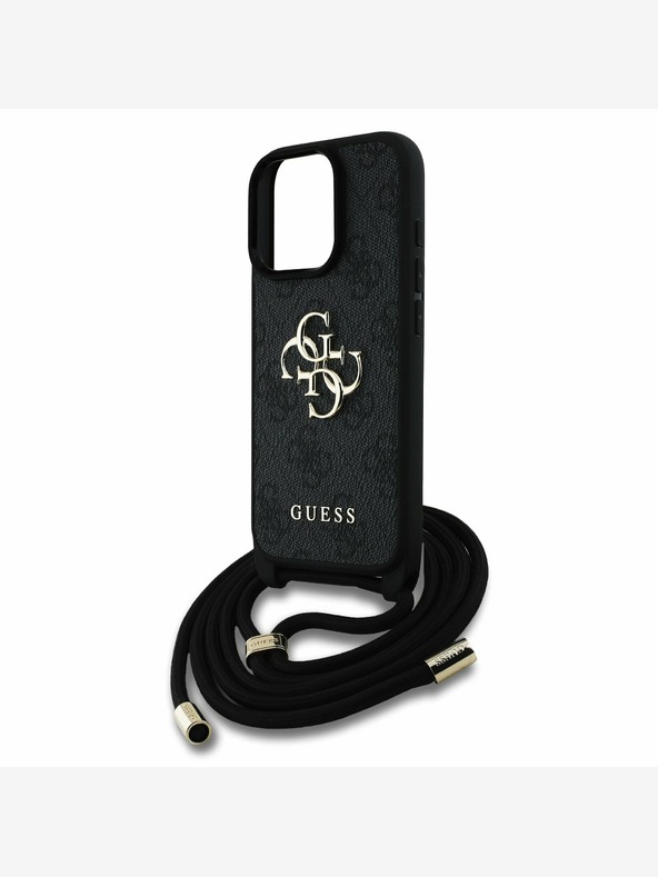 Guess Guess PU 4G Metall-Logo Crossbody Strap Back Cover für iPhone 15 Pro Max Schwarz