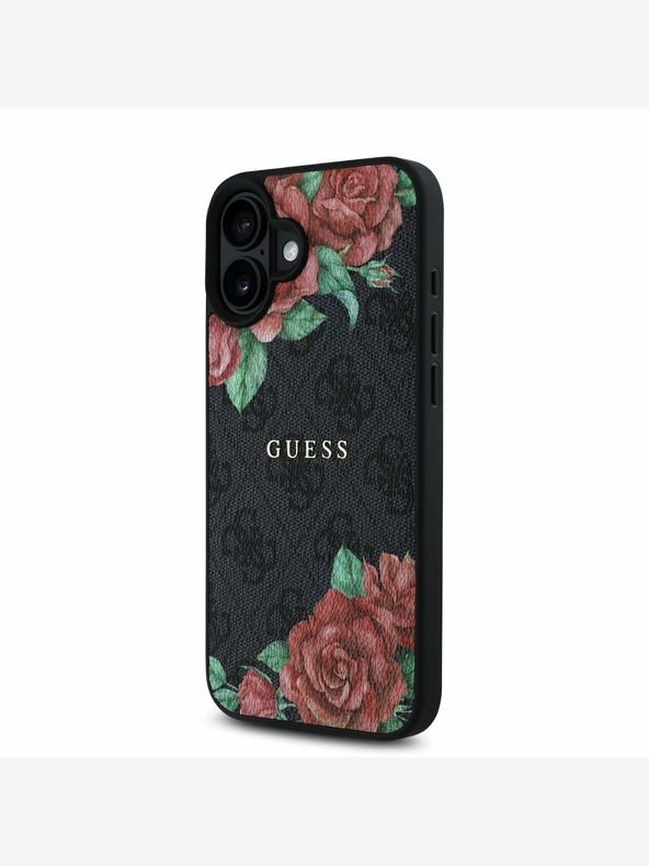 Guess Guess PU Leder 4G Roses MagSafe Back Cover für iPhone 16 Schwarz