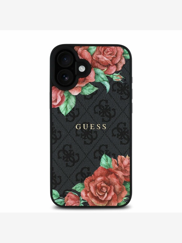 Guess Guess PU Leder 4G Roses MagSafe Back Cover für iPhone 16 Schwarz