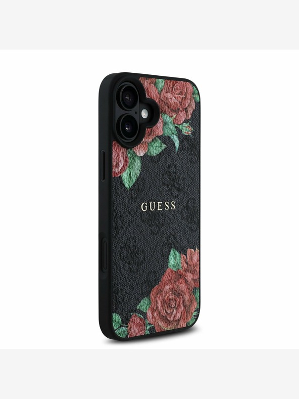 Guess Guess PU Leder 4G Roses MagSafe Back Cover für iPhone 16 Schwarz