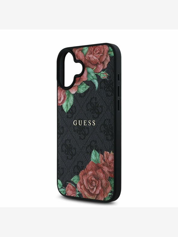 Guess Guess PU Leder 4G Roses MagSafe Back Cover für iPhone 16 Schwarz