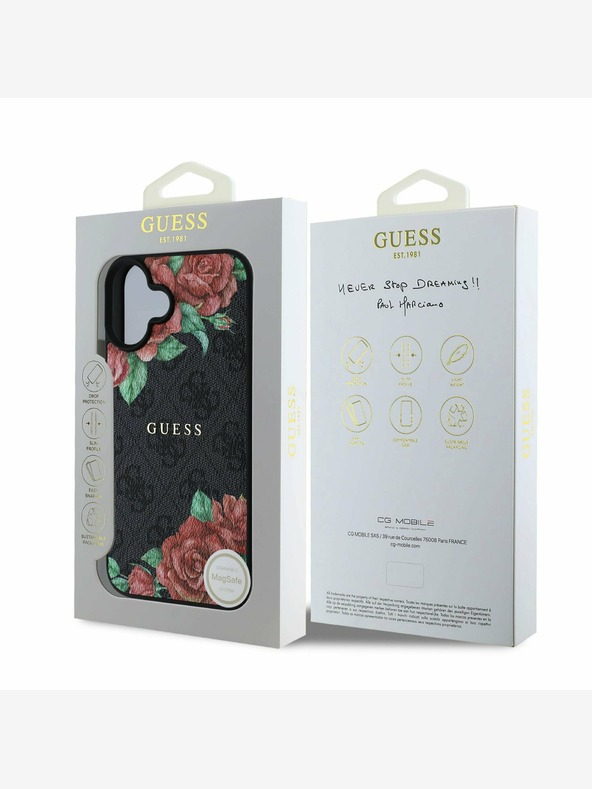 Guess Guess PU Leder 4G Roses MagSafe Back Cover für iPhone 16 Schwarz