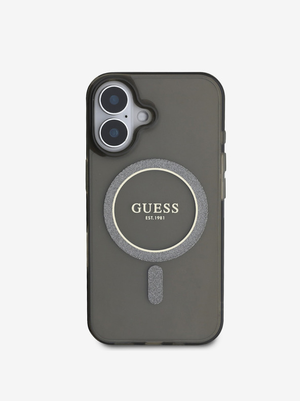 Guess Guess IML Glitter Ring MagSafe Back Cover für iPhone 16 Schwarz