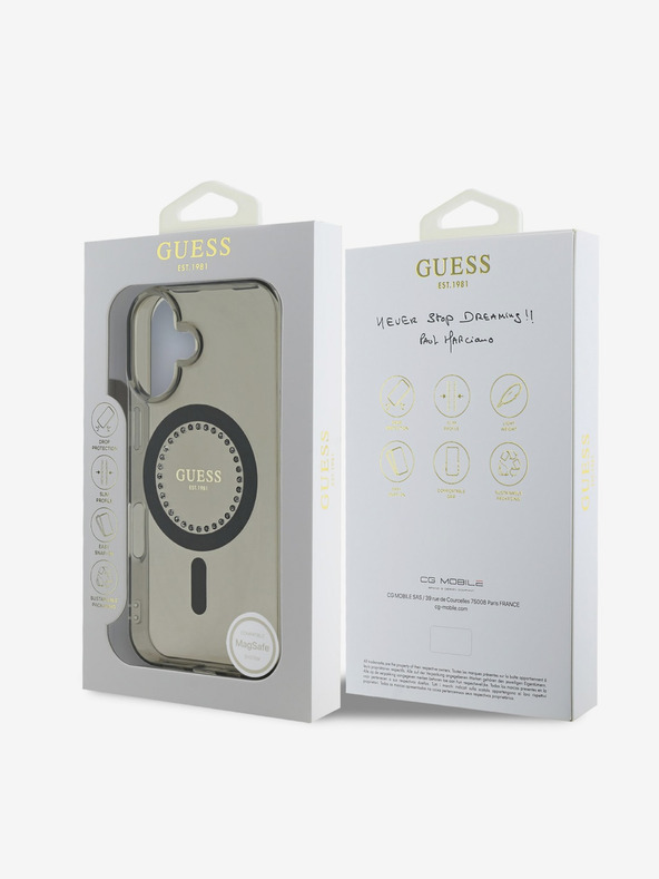 Guess Guess IML Rhinestones Ring MagSafe Back Cover für iPhone 16 Schwarz