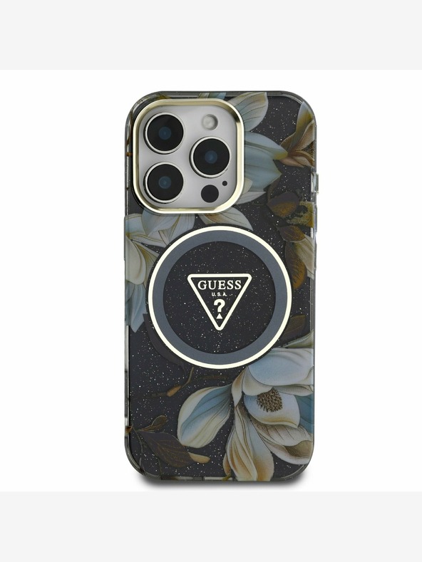 Guess Guess IML Glitter Magnolia and Triangle Logo MagSafe Back Cover für iPhone 16 Pro Schwarz