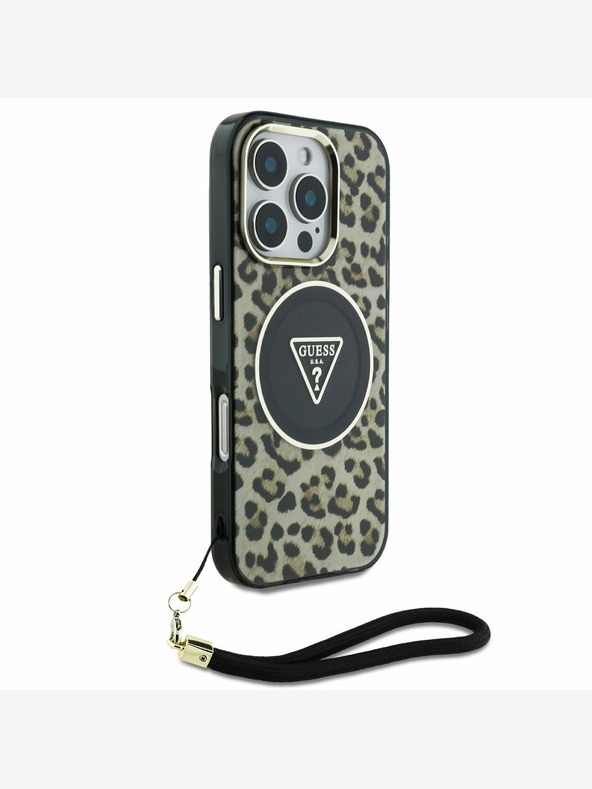 Guess Guess IML Leopard Triangle Logo Strap MagSafe Back Cover für iPhone 16 Pro Braun