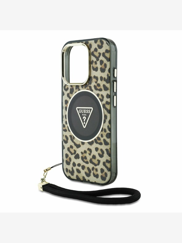 Guess Guess IML Leopard Triangle Logo Strap MagSafe Back Cover für iPhone 16 Pro Braun