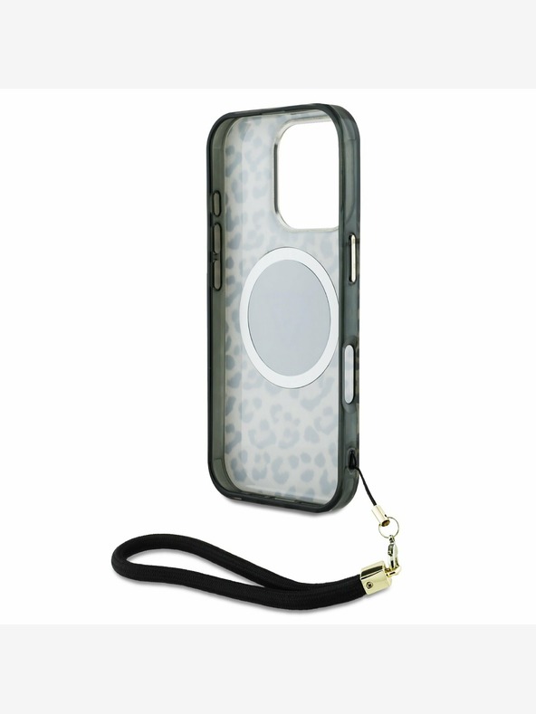 Guess Guess IML Leopard Triangle Logo Strap MagSafe Back Cover für iPhone 16 Pro Braun