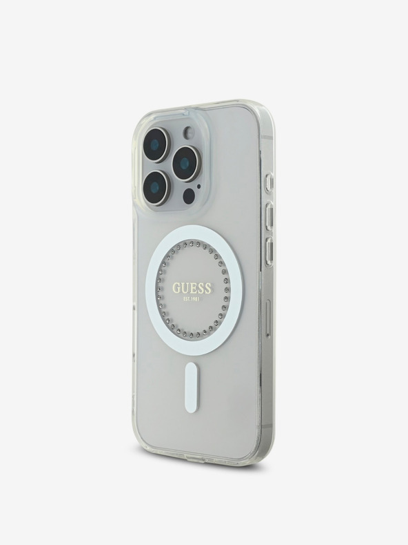 Guess Guess IML Strass Ring MagSafe Schutzhülle für iPhone 16 Pro Weiß