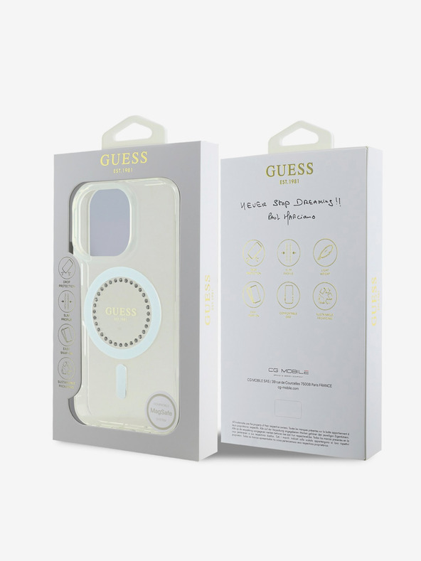 Guess Guess IML Strass Ring MagSafe Schutzhülle für iPhone 16 Pro Weiß