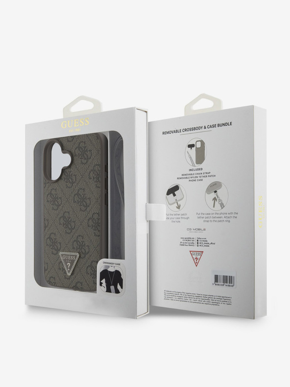 Guess Guess PU 4G Strass-Dreieck Metall-Logo Backcover + Crossbody Strap für iPhone 16 Braun