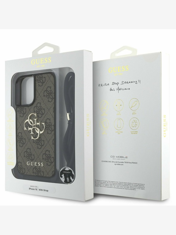 Guess Guess PU 4G Metal Logo Crossbody Strap Back Cover für iPhone 16 Braun