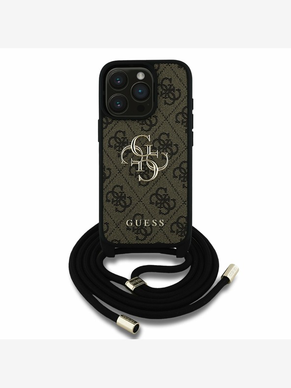 Guess Guess PU 4G Metall-Logo Crossbody Strap Back Cover für iPhone 15 Pro Max Braun