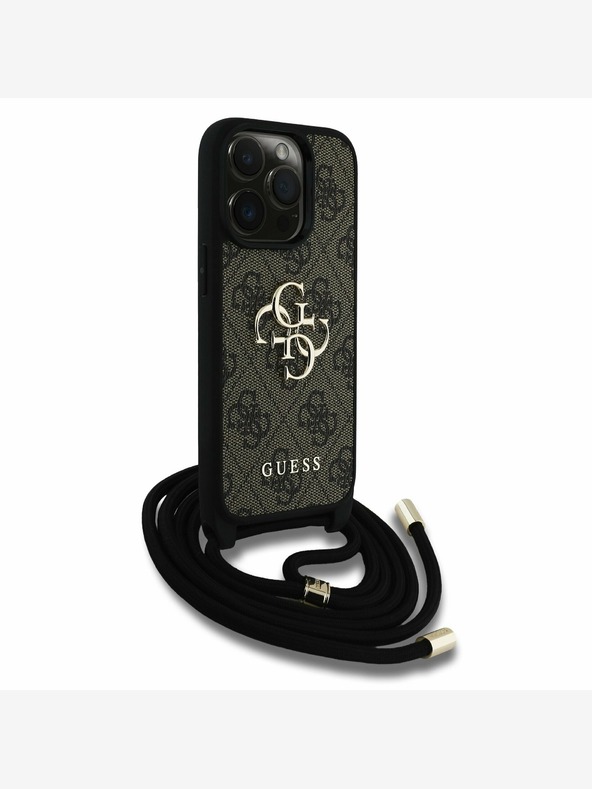 Guess Guess PU 4G Metall-Logo Crossbody Strap Back Cover für iPhone 15 Pro Max Braun