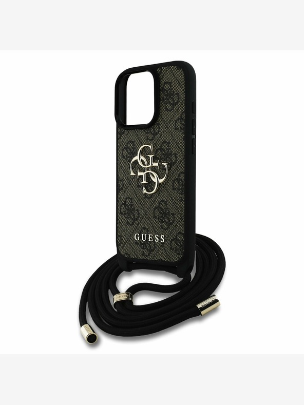Guess Guess PU 4G Metall-Logo Crossbody Strap Back Cover für iPhone 15 Pro Max Braun