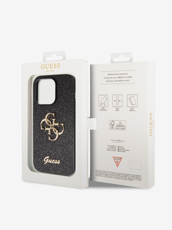 Guess Guess PU Fixed Glitter 4G Metall Logo Back Cover für iPhone 15 Pro Max Schwarz