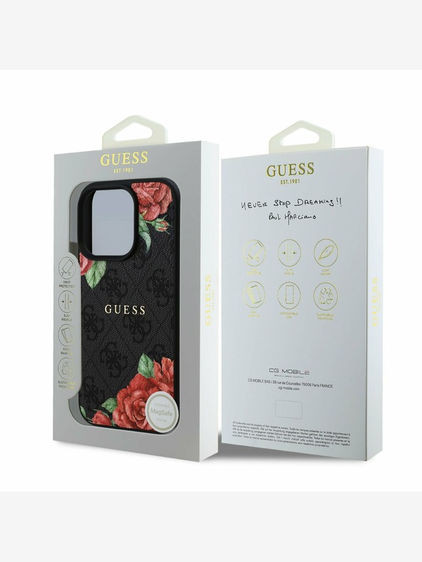 Guess Guess PU-Leder 4G Roses MagSafe Back Cover für iPhone 16 Pro Schwarz
