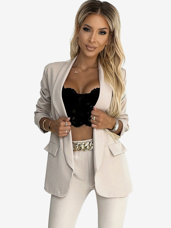 numoco Beigefarbenes elegantes Damen-Jacken-Hosen-Set mit Gürtel Numoco