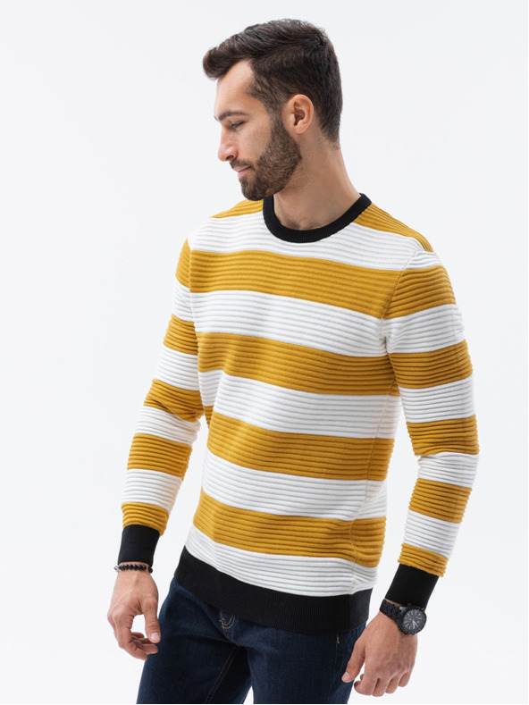 Ombre Clothing Weiß und senfgelb gestreifter Pullover für Herren von Ombre Clothing E189