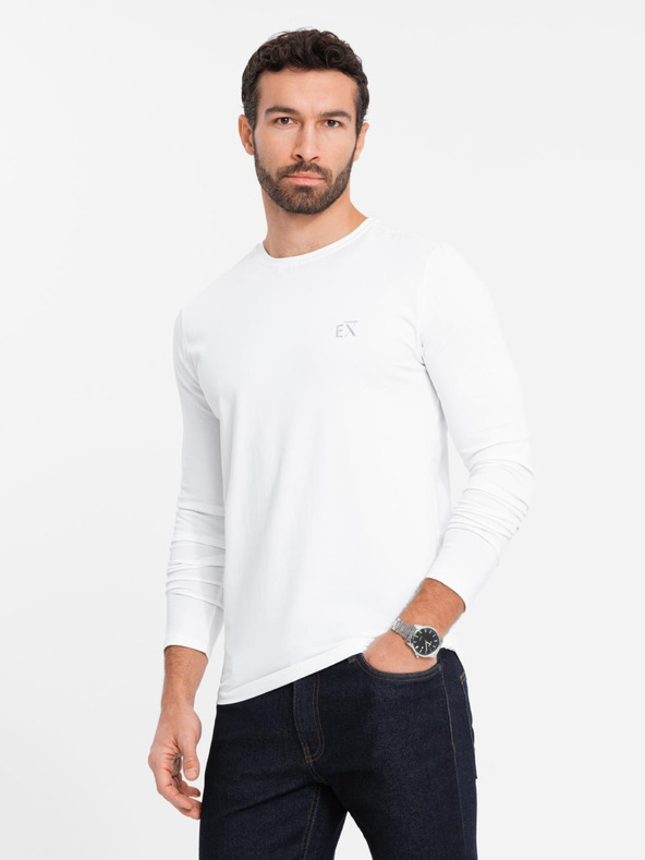 Ombre Clothing Langärmeliges Herren T-Shirt SLIM FIT mit Elastan und Aufdruck weiß Ombre Clothing