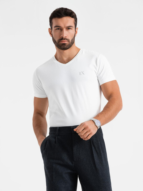 Ombre Clothing Herren SLIM FIT V-Ausschnitt T-Shirt mit Elastan und Druck weiß Ombre Kleidung