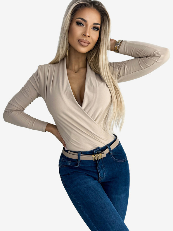 numoco Beigefarbener Damen Body mit Rundhalsausschnitt Numoco