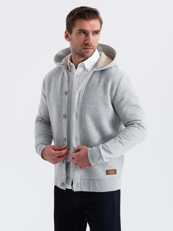 Ombre Clothing Herren Kapuzenpulli mit Knopfleiste - grau melange V2 OM-SSZP-0186 Ombre Clothing