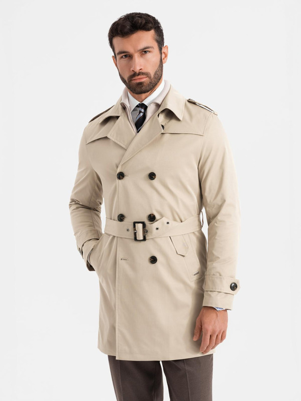 Ombre Clothing Eleganter Herren SLIM FIT Mantel mit Gürtel beige Ombre Kleidung