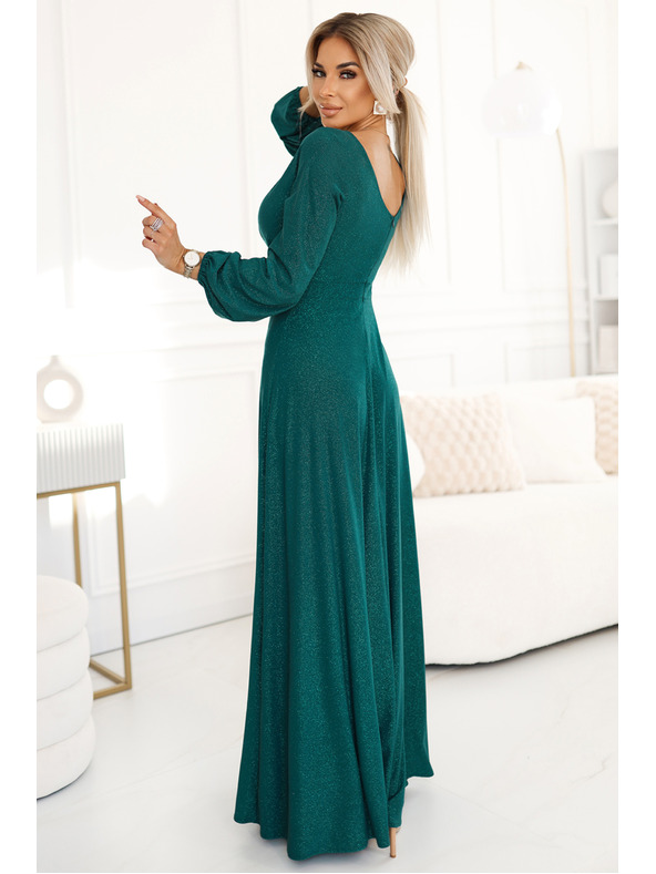 numoco Glänzendes langes Kleid mit Rundhalsausschnitt, langen Ärmeln und Beinschlitz Numoco