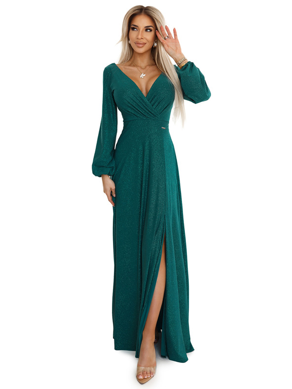 numoco Glänzendes langes Kleid mit Rundhalsausschnitt, langen Ärmeln und Beinschlitz Numoco