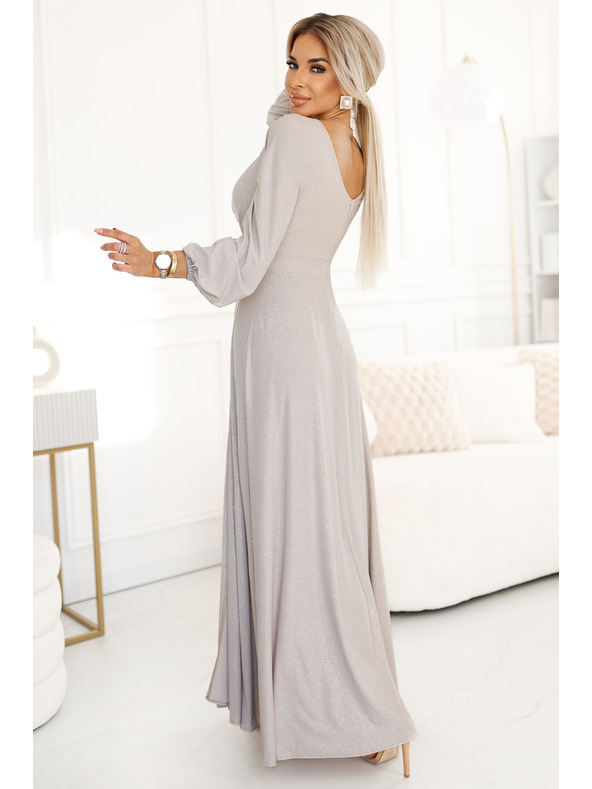numoco NELA Glänzendes langes Kleid mit Rundhalsausschnitt, langen Ärmeln und Beinschlitz Numoco
