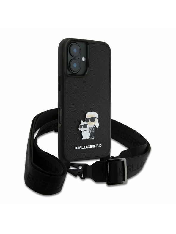Karl Lagerfeld Karl Lagerfeld Saffiano Crossbody Riemen Metal Karl and Choupette Rückseite Hülle für iPhone 16 Black