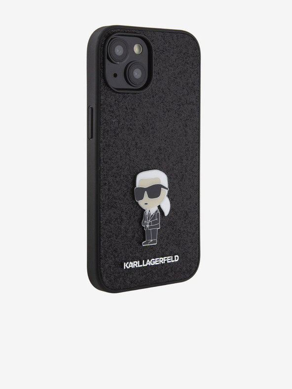 Karl Lagerfeld Karl Lagerfeld Fester Glitzer Metall Ikonik Rückseite Hülle für iPhone 15 Black