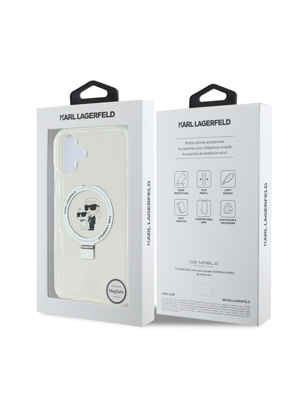 Karl Lagerfeld Karl Lagerfeld Ringständer Karl and Choupette MagSafe Rückseite Hülle für iPhone 16 Plus White