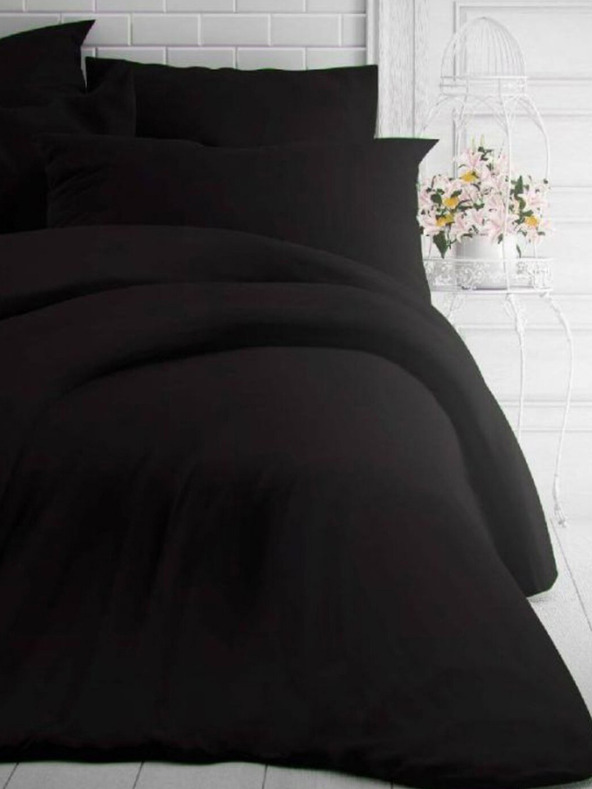 Kvalitex Französisches verlängertes einfarbiges Baumwoll-Bettwäsche-Set 240x220, 70x90cm schwarz