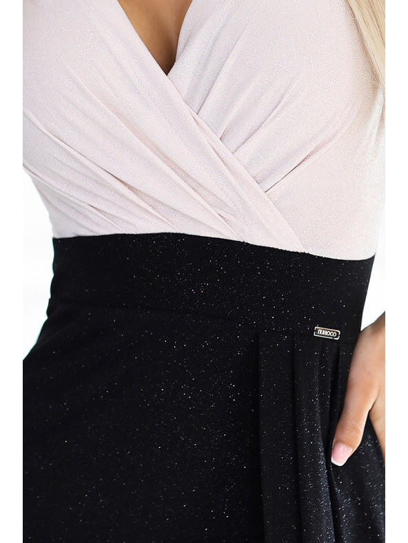 numoco 451-3 Glänzendes Kleid mit kurzen Ärmeln, Ausschnitt und Beinschlitz - Schwarz-Beige mit Glitzer