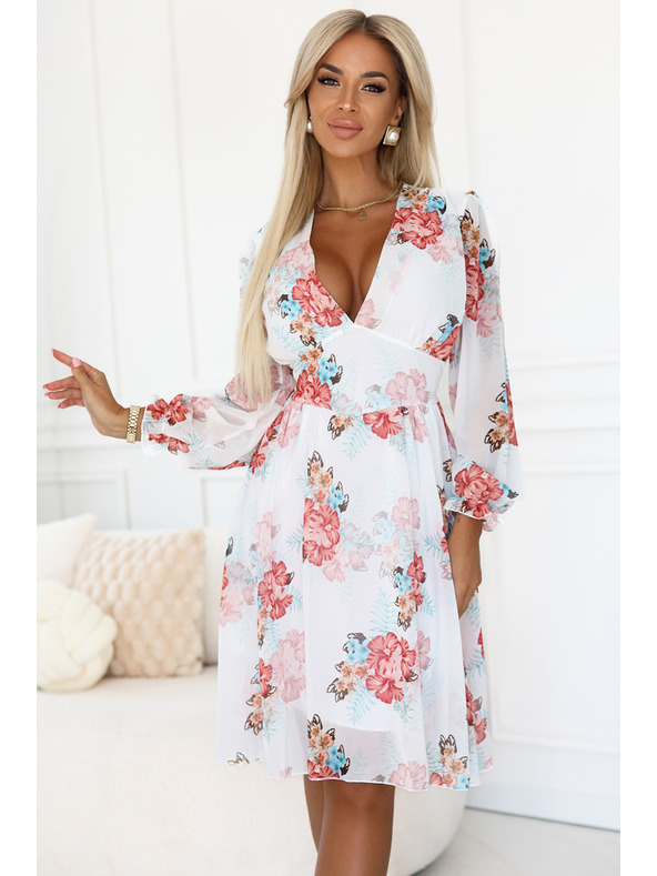 numoco Geblümtes Chiffon-Wickelkleid mit langen Ärmeln