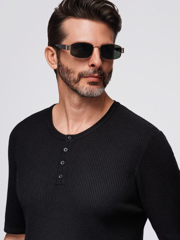 Ombre Clothing Herren-Strick-T-Shirt mit Knöpfen am Ausschnitt - schwarz