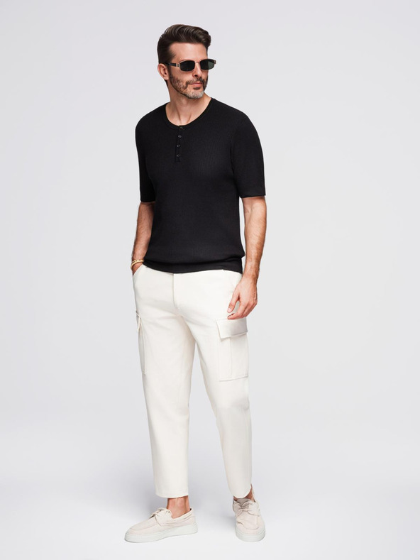 Ombre Clothing Herren-Strick-T-Shirt mit Knöpfen am Ausschnitt - schwarz