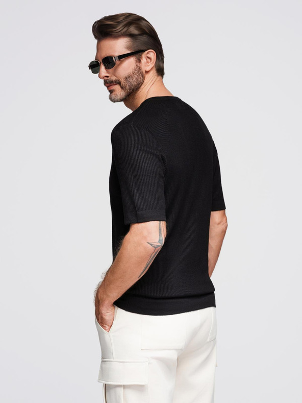 Ombre Clothing Herren-Strick-T-Shirt mit Knöpfen am Ausschnitt - schwarz
