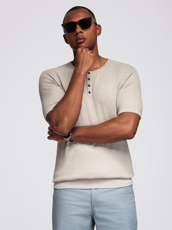 Ombre Clothing Herren-Strick-T-Shirt mit Knöpfen am Ausschnitt - hellgrau
