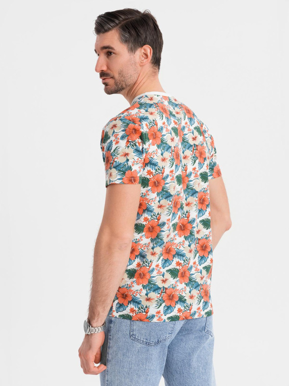 Ombre Clothing Herren-Baumwoll-T-Shirt mit Blumenmuster und Allover-Druck - weiß